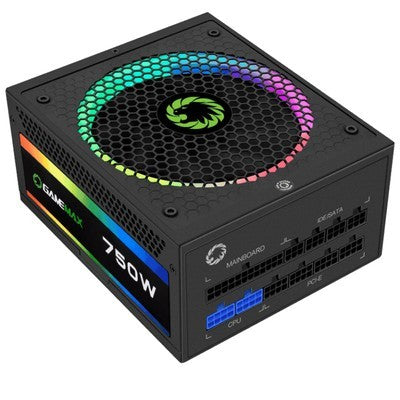 FUENTE DE PODER GAMEMAX 750W RGB-750 PRO BK MODULAR 80+ GOLD FAN 14CM ARGB (25 MODOS) 100-240V ATX3.1 AURA SYNC GARANTIA 12 MESES