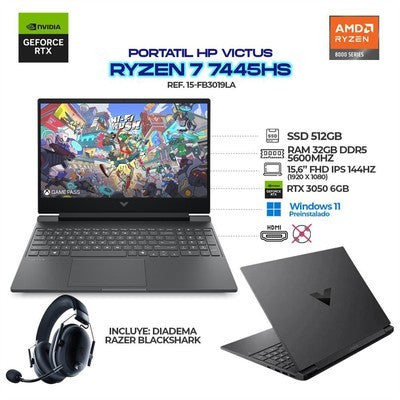Hp Victus 15-Fb3019La 15.6” Fhd 144 Hz R7-7445H 8Gb Ddr5 (Hasta 32Gb) 512Gb Pcie Rtx 3050 6Gb Freedos Negro Garantia 12 