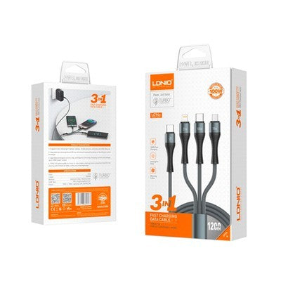 CABLE LDNIO LC94C TC 1M 3EN1 100W (V8-IPH-TC) - CORDÓN BLACK ++.