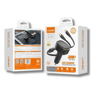 Cargador Veh. Ldnio C107 30W + 2 Cab Tc Y Iph Retractiles